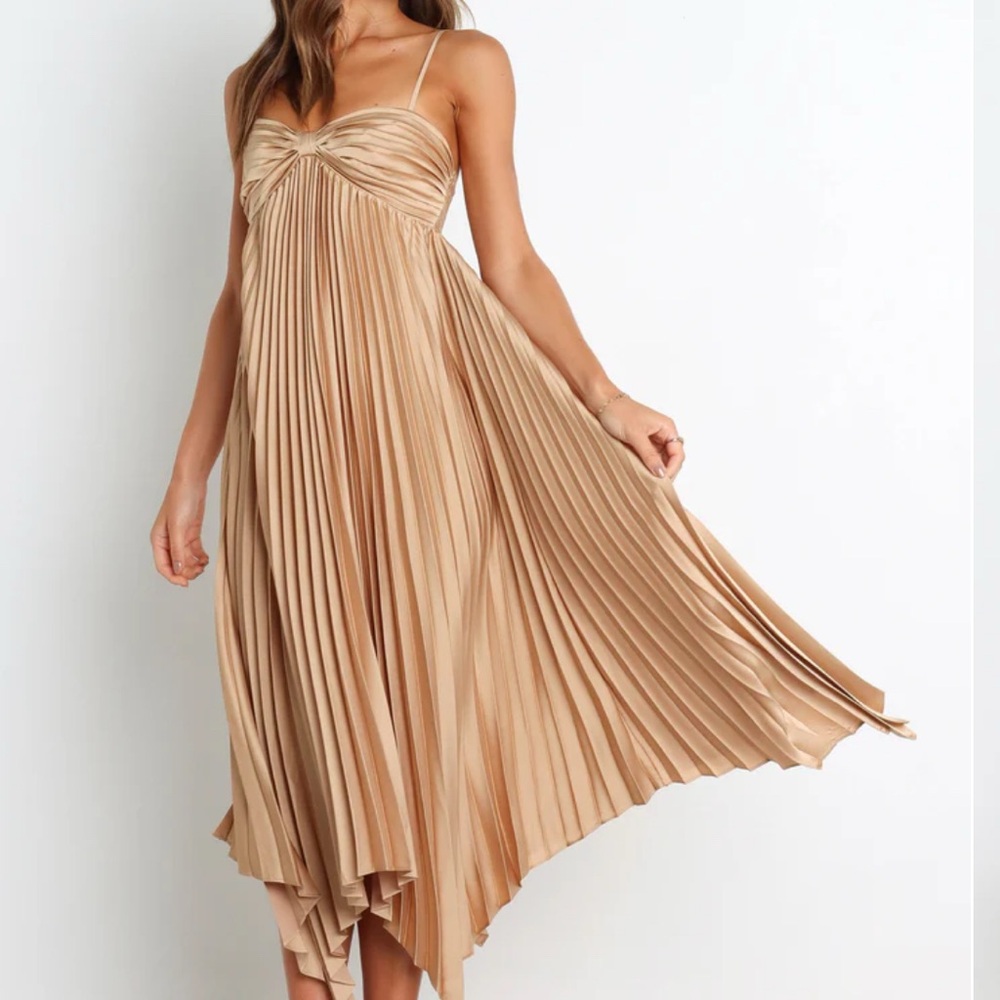 Elegant Pleated Tan Dress